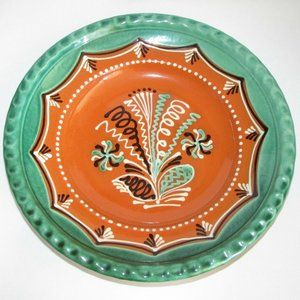 Large Hand Painted Terra Cotta Pottery Plate Vintage Decorative Artisan Signed